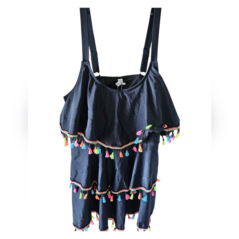 Yonique Black NWT 3-Layer Ruffle Tankini Top Top Only Multicolor Tassel Trim 22W - Picture 4 of 4